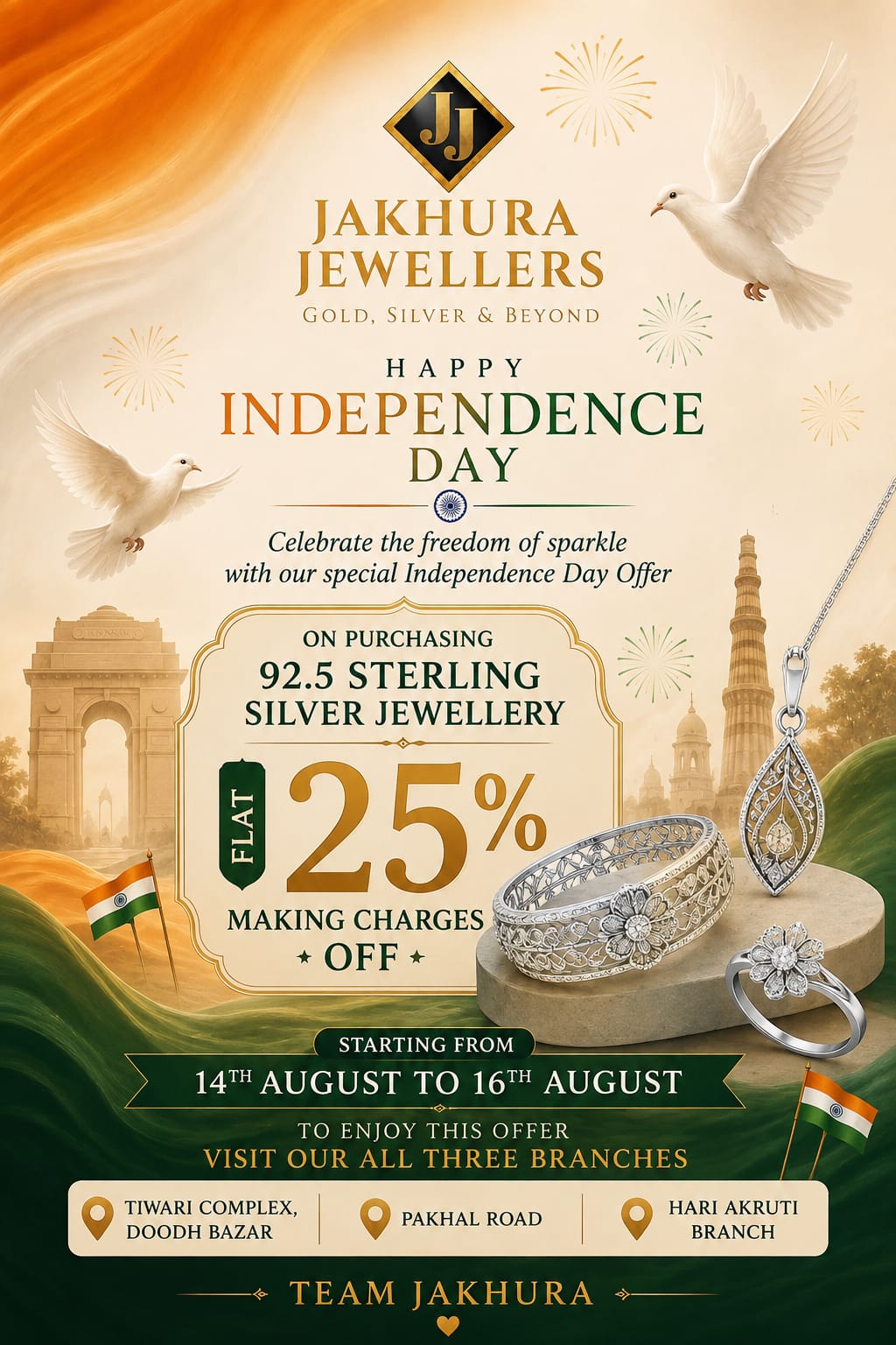 🇮🇳 Independence Day Special: Get 25% OFF on Silver Jewellery Making Charges at Jakhura Jewellers