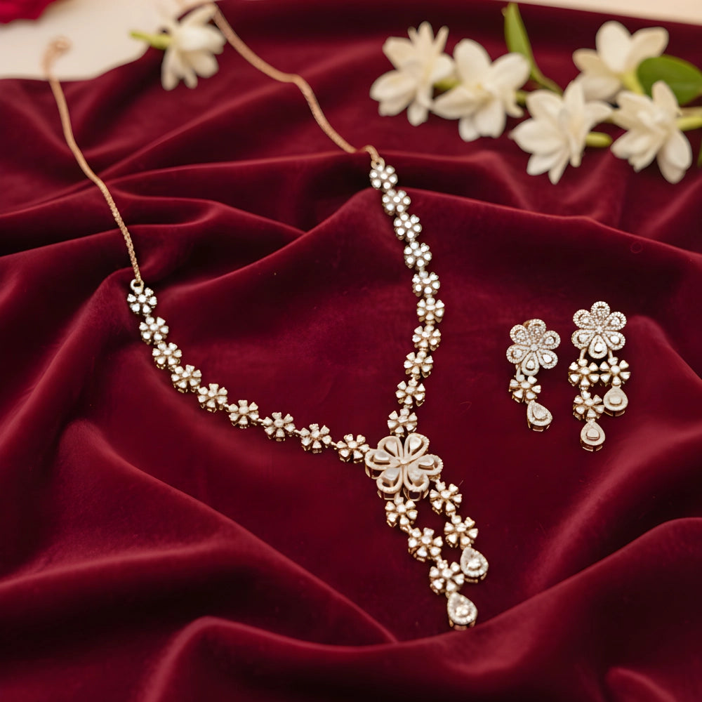 Silver Floral Necklace Set with Rose Gold Polish